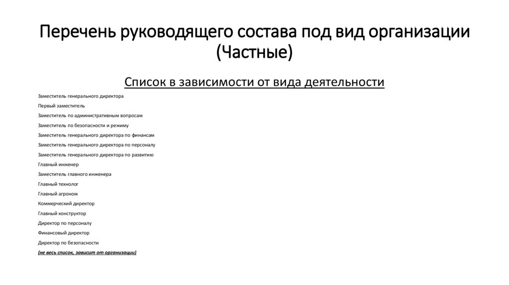 Перечень руководящего состава под вид организации (Частные)