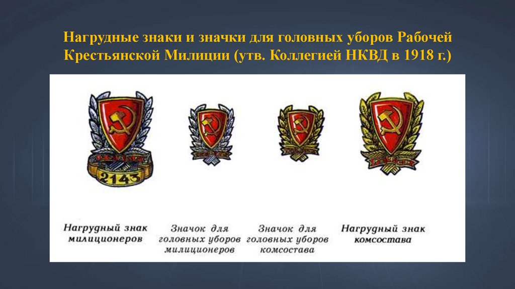 Нагрудные знаки и значки для головных уборов Рабочей Крестьянской Милиции (утв. Коллегией НКВД в 1918 г.)