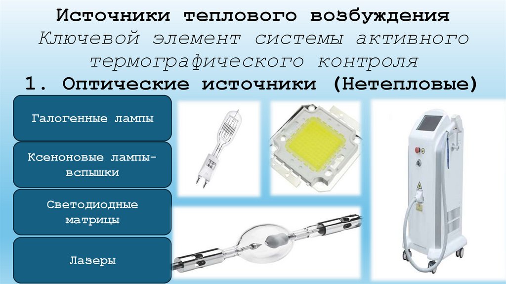Источники теплового возбуждения Ключевой элемент системы активного термографического контроля 1. Оптические источники