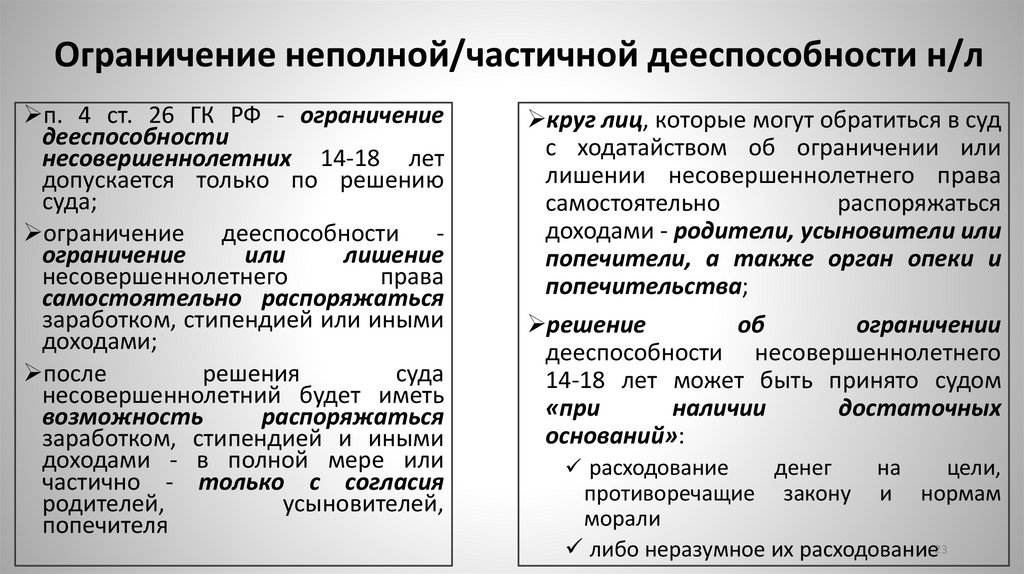 Ограничение неполной/частичной дееспособности н/л