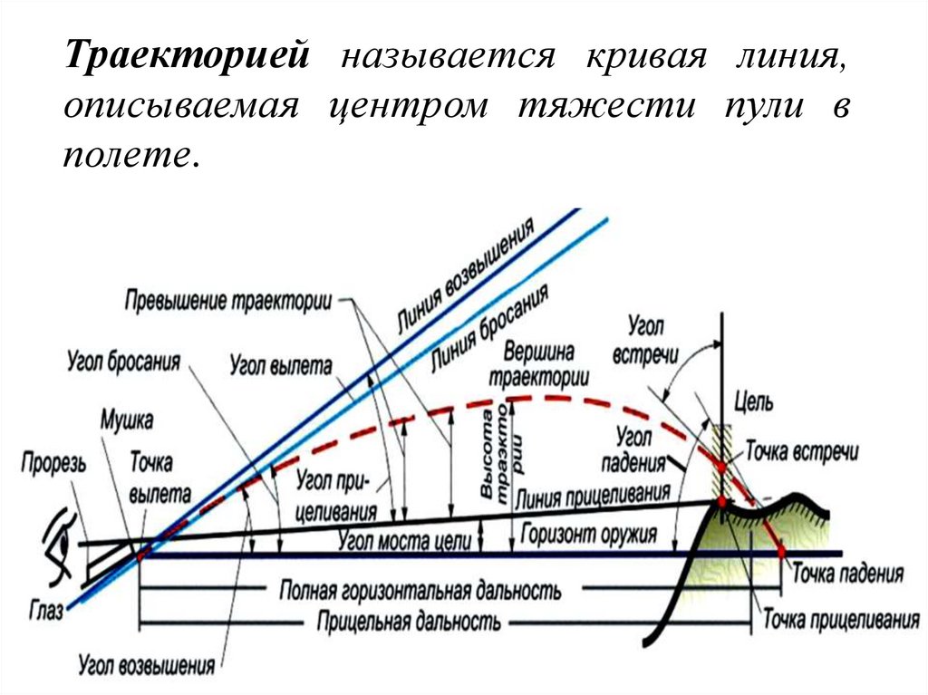 Траекторией называется кривая линия, описываемая центром тяжести пули в полете.