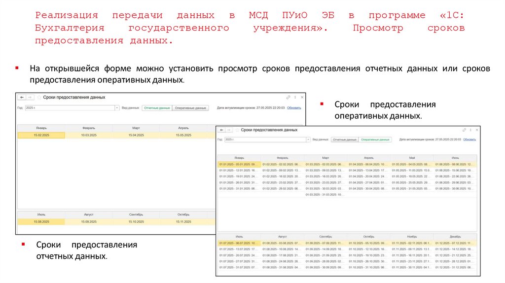 Реализация передачи данных в МСД ПУиО ЭБ в программе «1С: Бухгалтерия государственного учреждения». Просмотр сроков