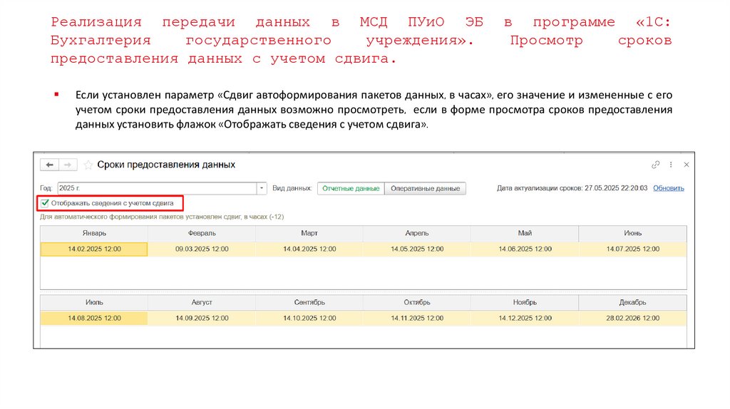 Реализация передачи данных в МСД ПУиО ЭБ в программе «1С: Бухгалтерия государственного учреждения». Просмотр сроков