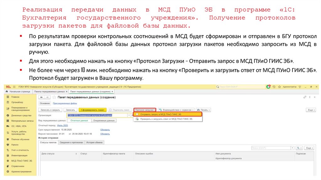 Реализация передачи данных в МСД ПУиО ЭБ в программе «1С: Бухгалтерия государственного учреждения». Получение протоколов