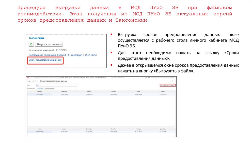 Процедура выгрузки данных в МСД ПУиО ЭБ при файловом взаимодействии. Этап получения из МСД ПУиО ЭБ актуальных версий сроков