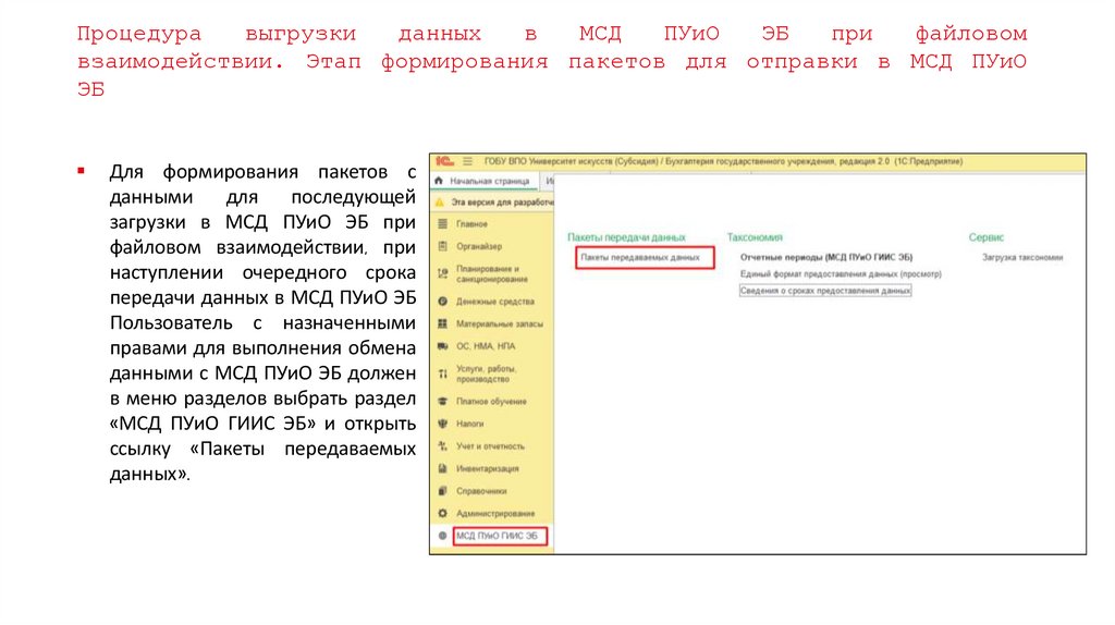 Процедура выгрузки данных в МСД ПУиО ЭБ при файловом взаимодействии. Этап формирования пакетов для отправки в МСД ПУиО ЭБ