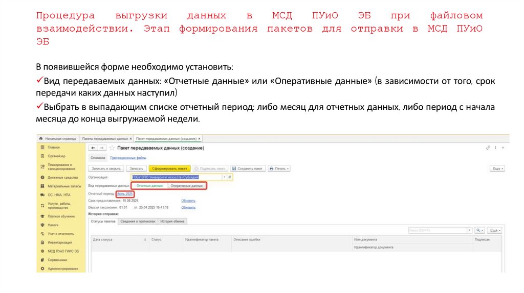 Процедура выгрузки данных в МСД ПУиО ЭБ при файловом взаимодействии. Этап формирования пакетов для отправки в МСД ПУиО ЭБ