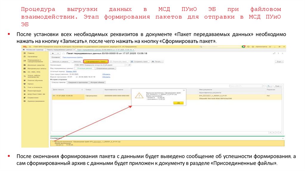 Процедура выгрузки данных в МСД ПУиО ЭБ при файловом взаимодействии. Этап формирования пакетов для отправки в МСД ПУиО ЭБ
