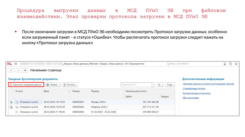 Процедура выгрузки данных в МСД ПУиО ЭБ при файловом взаимодействии. Этап проверки протокола загрузки в МСД ПУиО ЭБ
