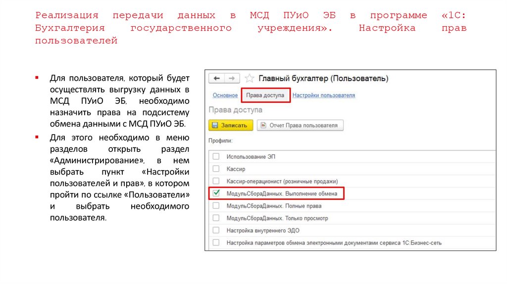 Реализация передачи данных в МСД ПУиО ЭБ в программе «1С: Бухгалтерия государственного учреждения». Настройка прав