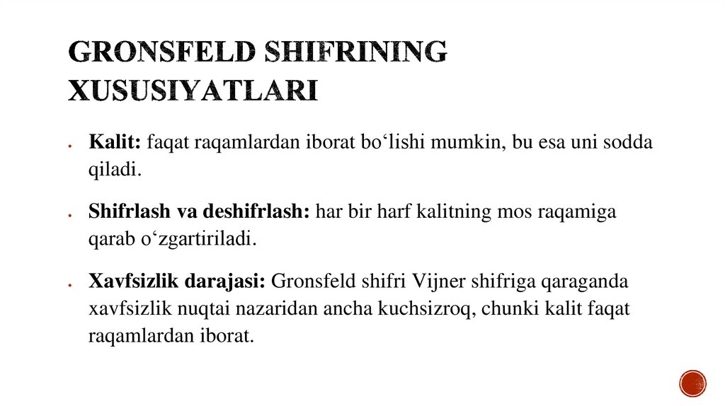 Gronsfeld shifrining xususiyatlari