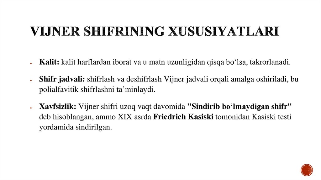 Vijner shifrining xususiyatlari