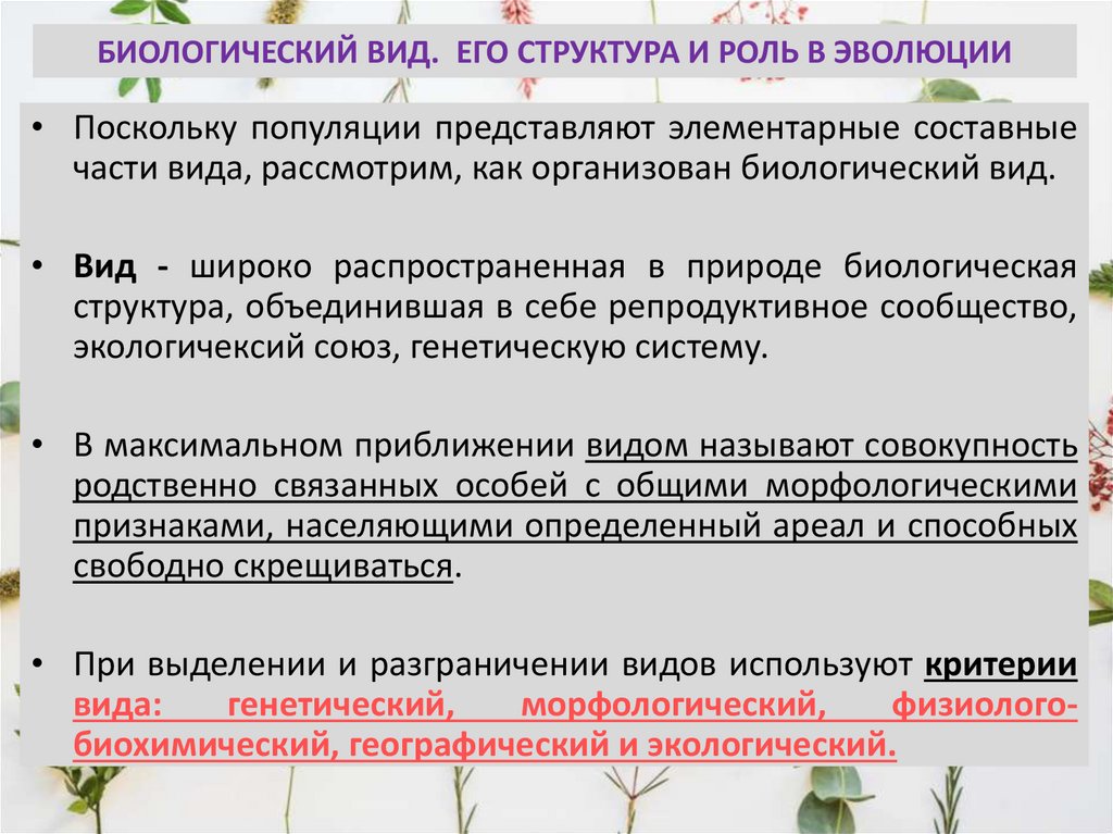 БИОЛОГИЧЕСКИЙ ВИД. ЕГО СТРУКТУРА И РОЛЬ В ЭВОЛЮЦИИ
