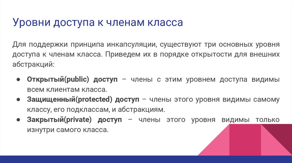Уровни доступа к членам класса