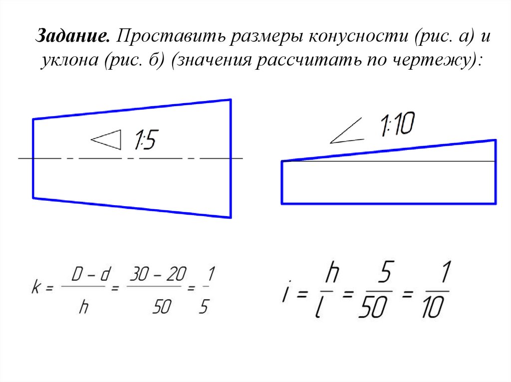 Задание. Проставить размеры конусности (рис. а) и уклона (рис. б) (значения рассчитать по чертежу):