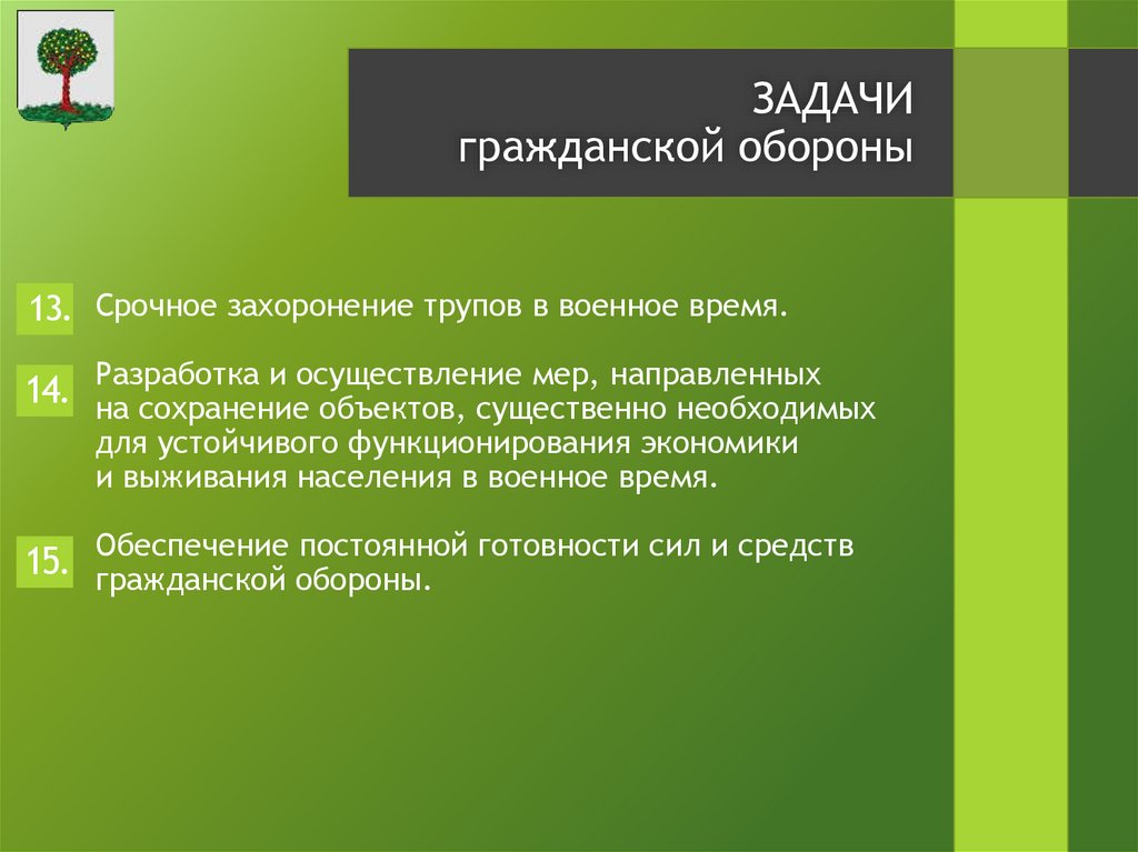 Срочное захоронение трупов в военное время. Разработка и осуществление мер, направленных на сохранение объектов, существенно