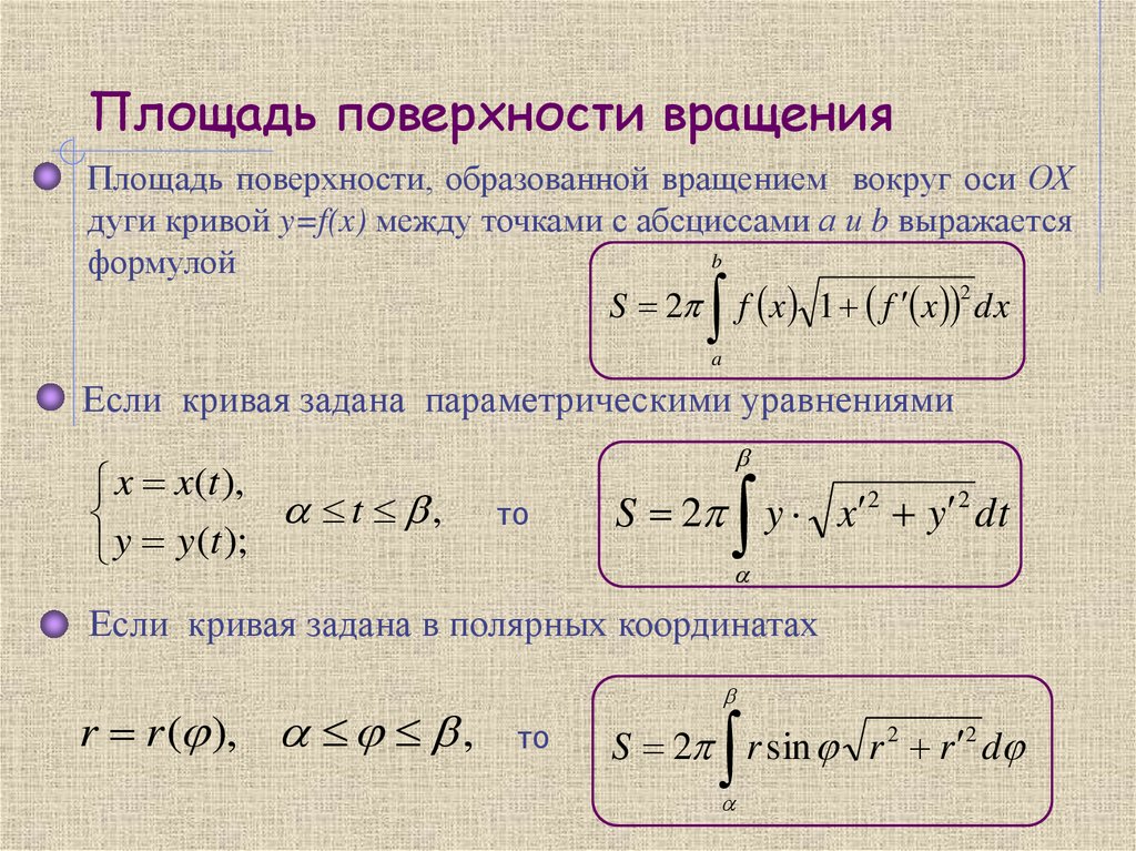 Площадь поверхности вращения