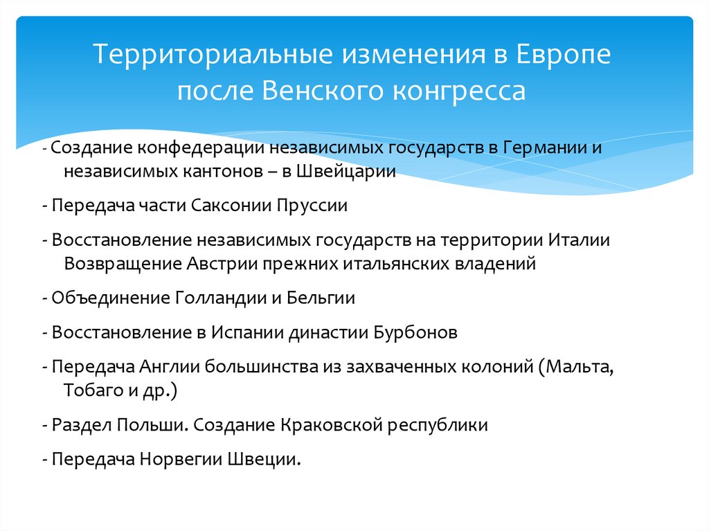 Территориальные изменения в Европе после Венского конгресса