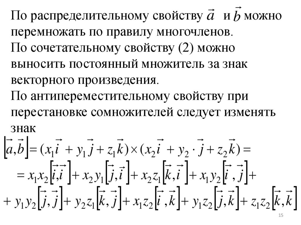 По распределительному свойству и можно перемножать по правилу многочленов. По сочетательному свойству (2) можно выносить