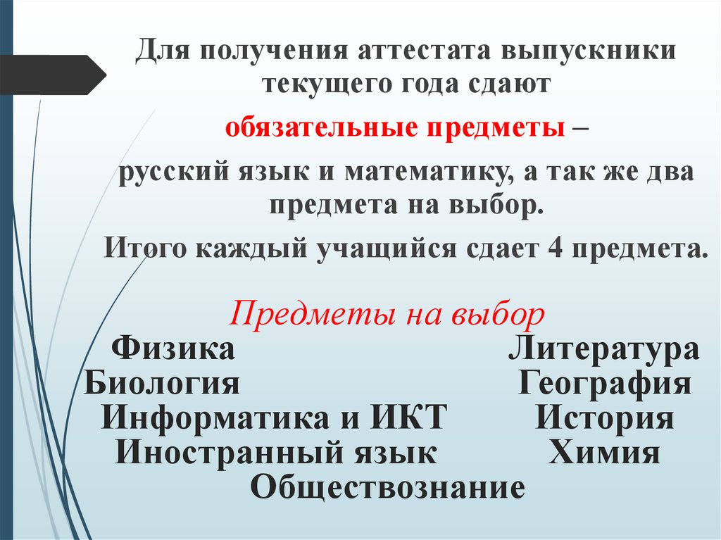 Предметы на выбор Физика Литература Биология География Информатика и ИКТ История Иностранный язык Химия Обществознание