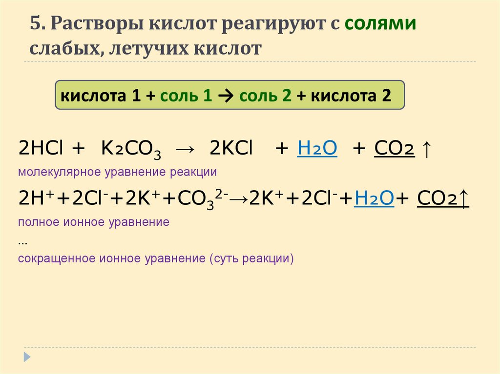 5. Растворы кислот реагируют с солями слабых, летучих кислот