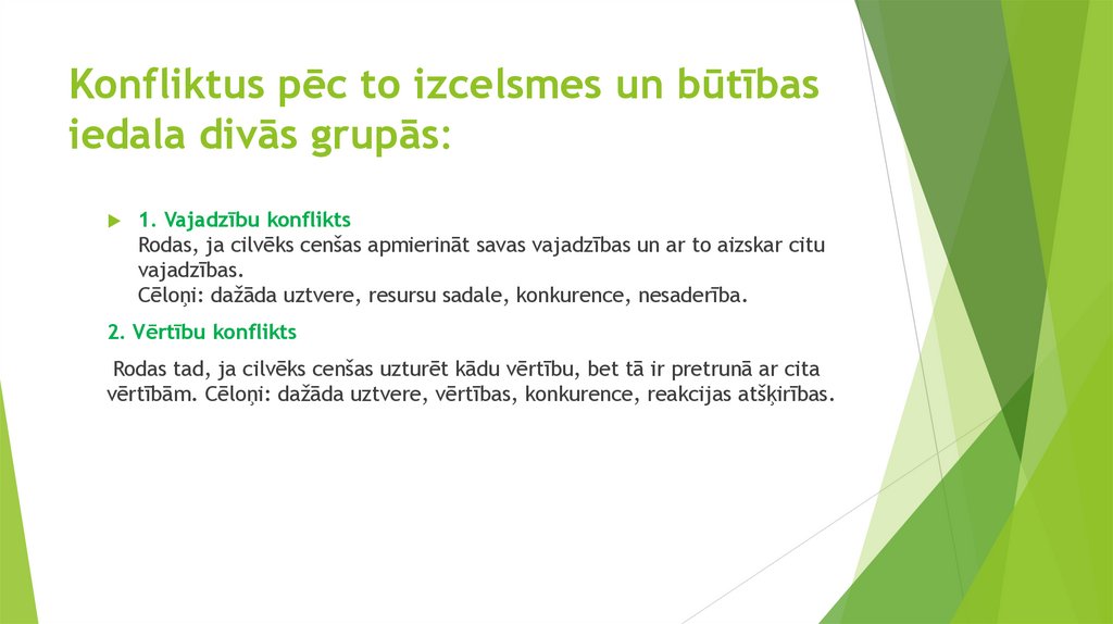 Konfliktus pēc to izcelsmes un būtības iedala divās grupās: