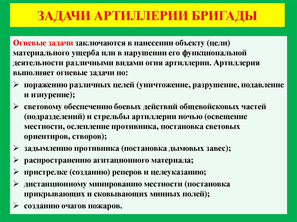 ЗАДАЧИ АРТИЛЛЕРИИ БРИГАДЫ