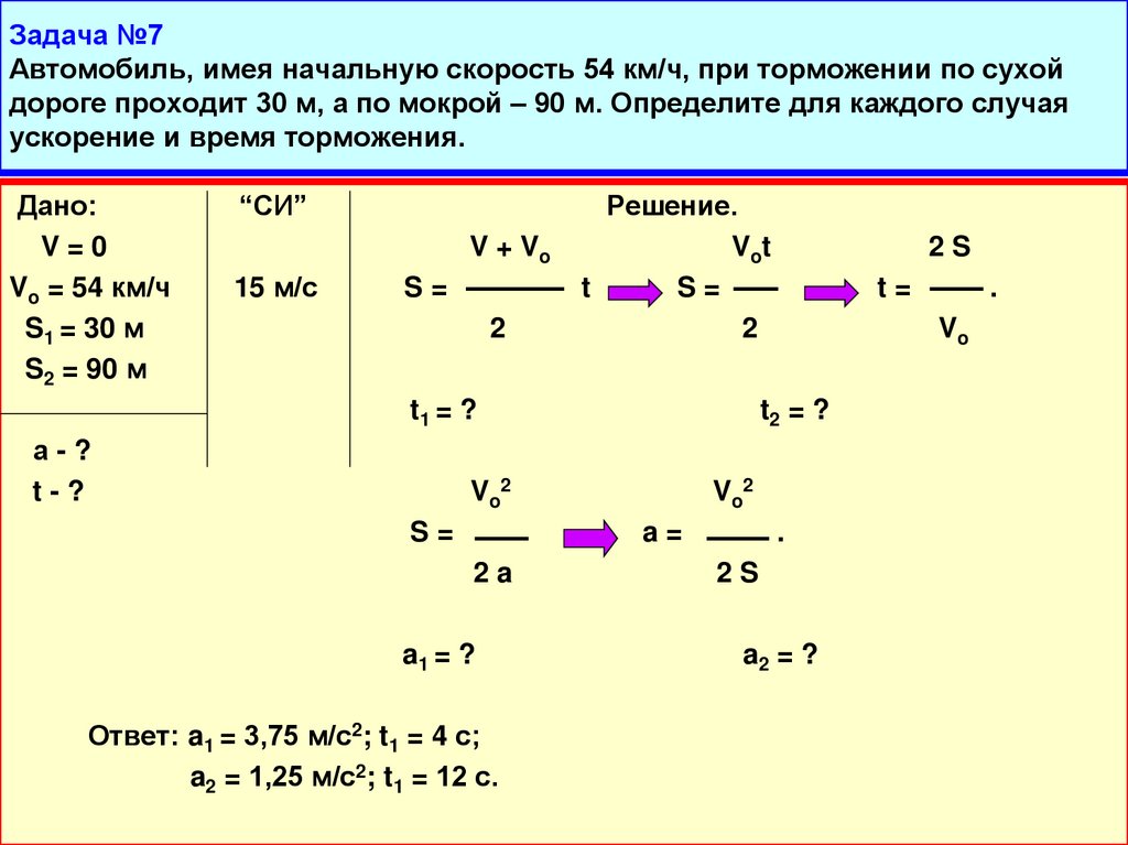 Задача №7 Автомобиль, имея начальную скорость 54 км/ч, при торможении по сухой дороге проходит 30 м, а по мокрой – 90 м.