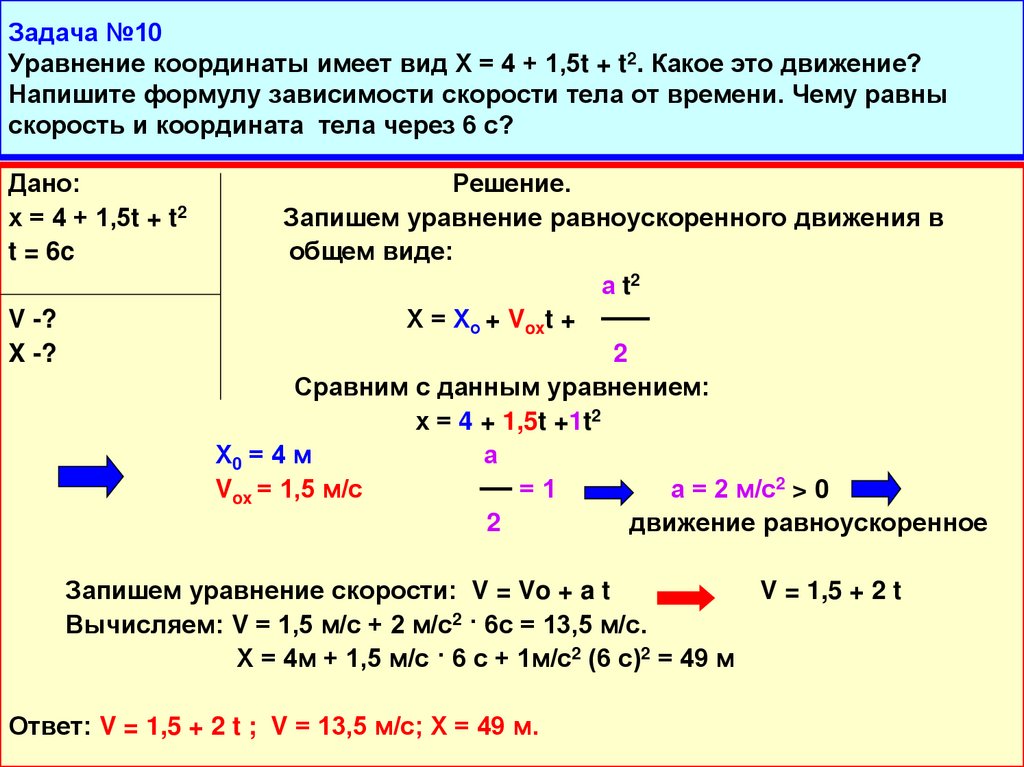 Задача №10 Уравнение координаты имеет вид Х = 4 + 1,5t + t2. Какое это движение? Напишите формулу зависимости скорости тела от