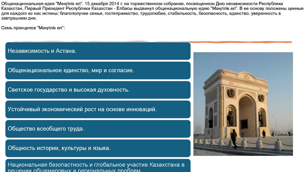 Общенациональная идея "Мәңгілік ел". 15 декабря 2014 г. на торжественном собрании, посвященном Дню независимости Республики