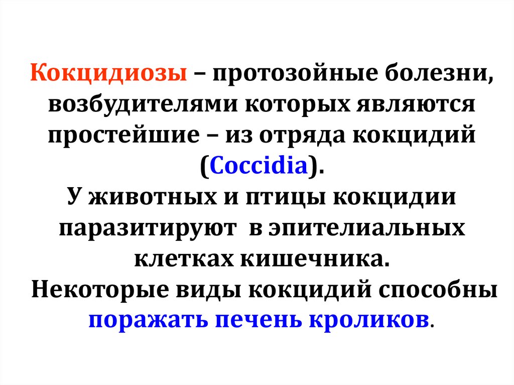 Кокцидиозы – протозойные болезни, возбудителями которых являются простейшие – из отряда кокцидий (Сосcidia). У животных и птицы
