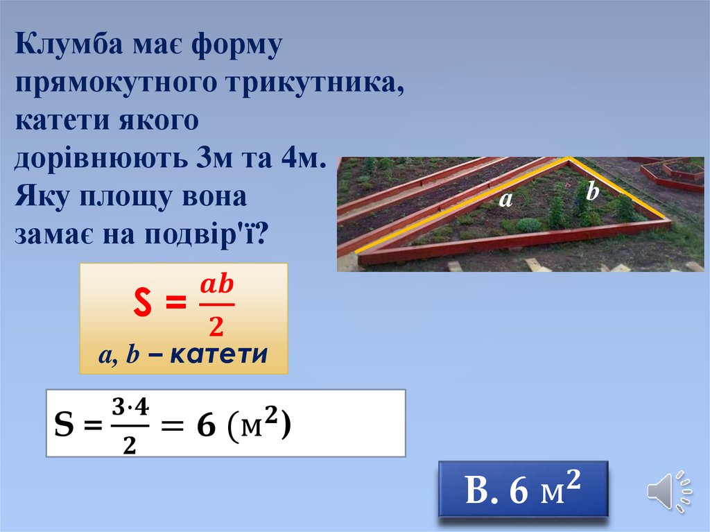 Клумба має форму прямокутного трикутника, катети якого дорівнюють 3м та 4м. Яку площу вона замає на подвір'ї?