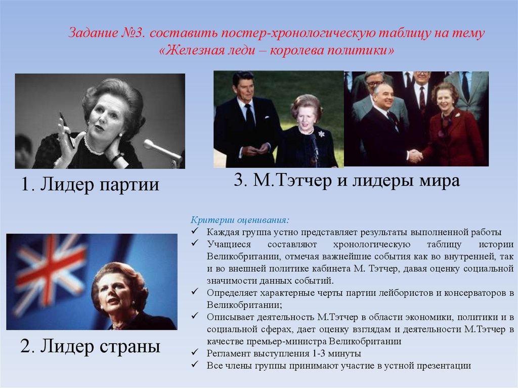 Задание №3. составить постер-хронологическую таблицу на тему «Железная леди – королева политики»
