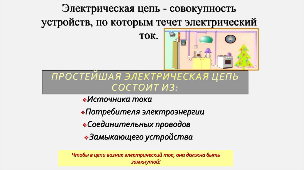 Простейшая электрическая цепь состоит из: