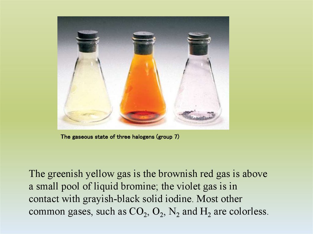 The gaseous state of three halogens (group 7)