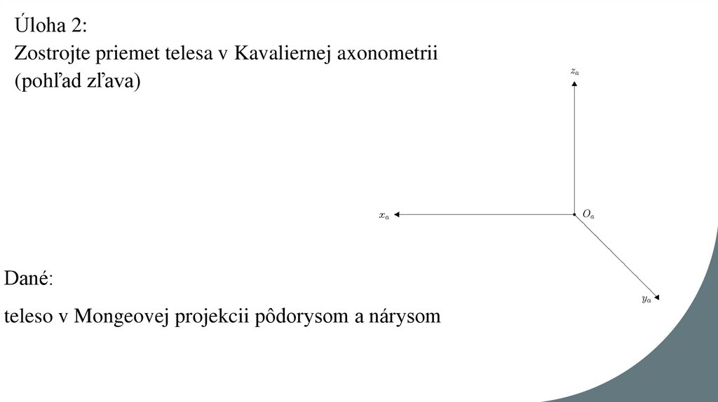 Úloha 2: Zostrojte priemet telesa v Kavaliernej axonometrii (pohľad zľava)