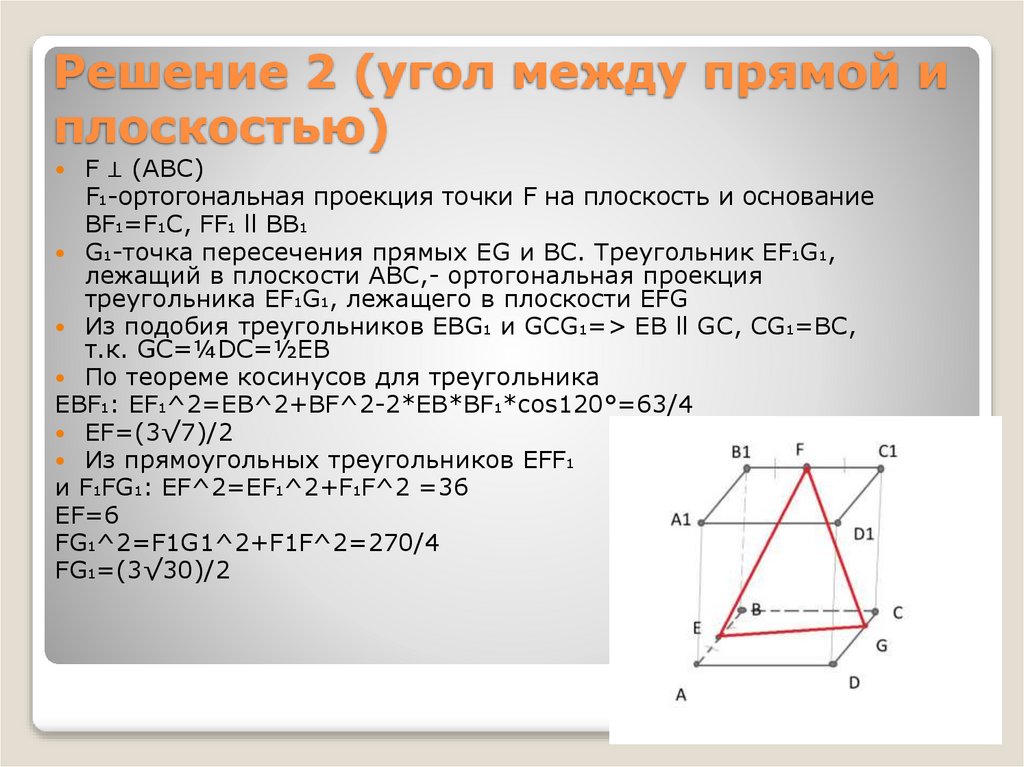Решение 2 (угол между прямой и плоскостью)