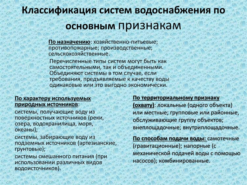 Классификация систем водоснабжения по основным признакам