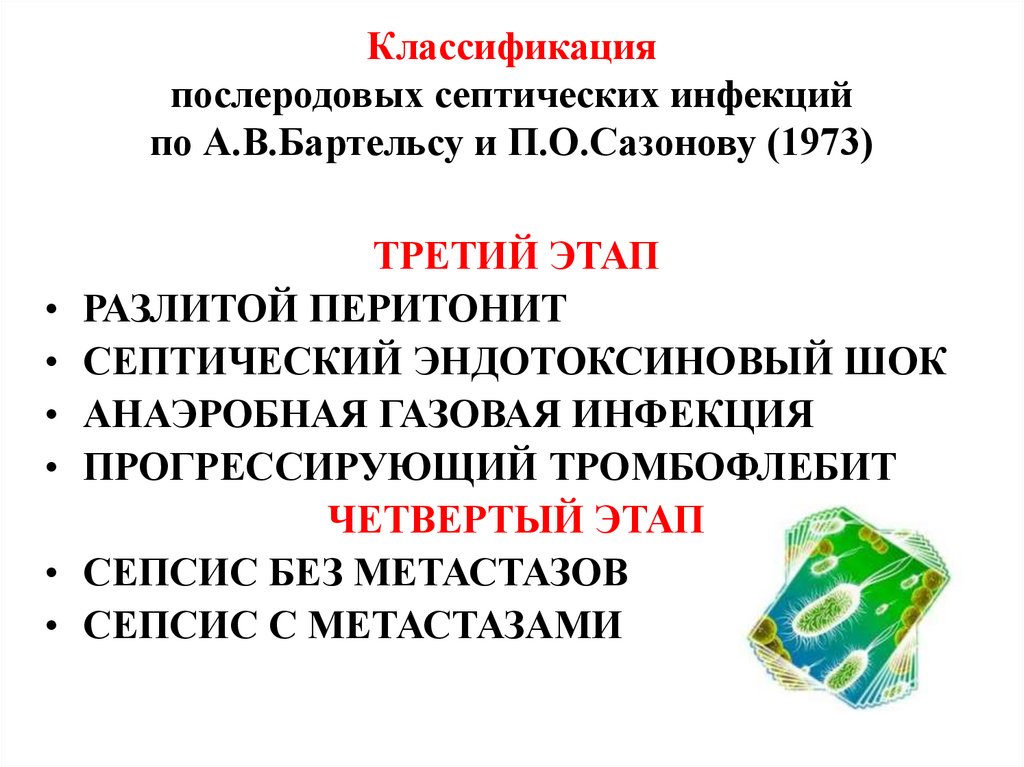 Классификация послеродовых септических инфекций по А.В.Бартельсу и П.О.Сазонову (1973)