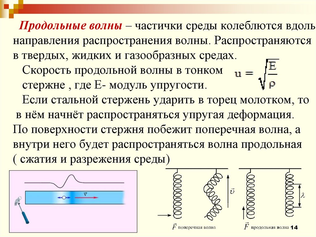 Продольные волны – частички среды колеблются вдоль направления распространения волны. Распространяются в твердых, жидких и