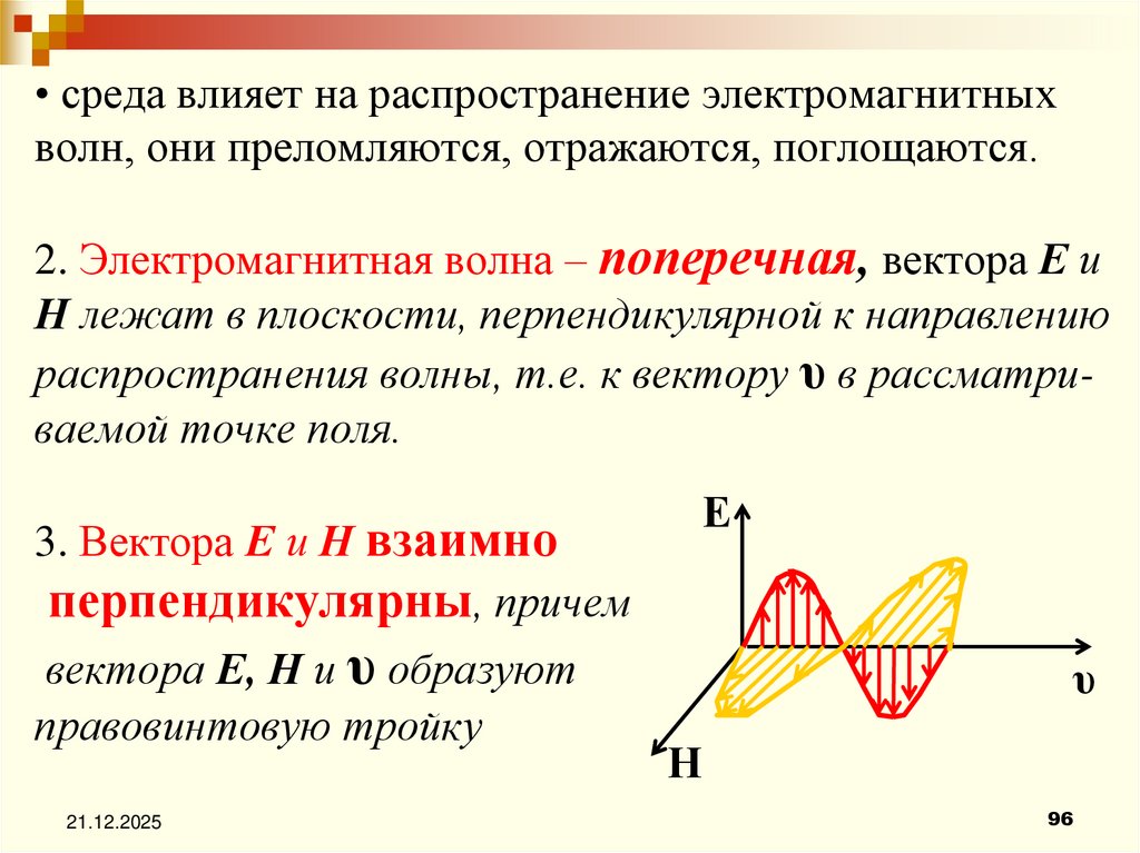 • среда влияет на распространение электромагнитных волн, они преломляются, отражаются, поглощаются. 2. Электромагнитная волна –