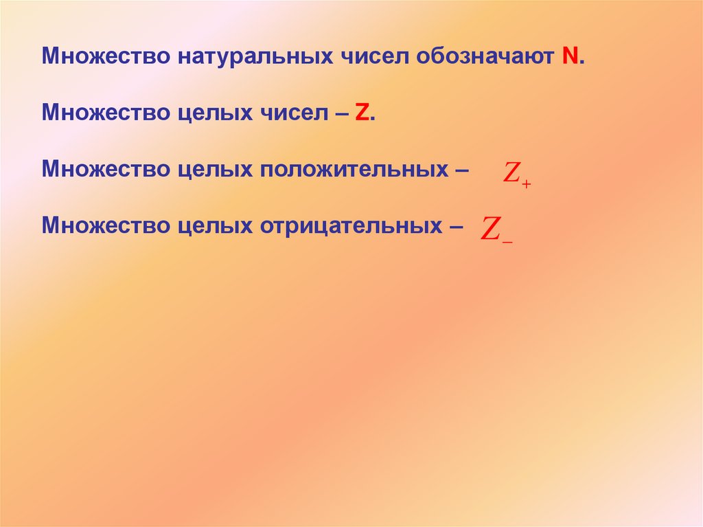 Множество натуральных чисел обозначают N. Множество целых чисел – Z. Множество целых положительных – Множество целых