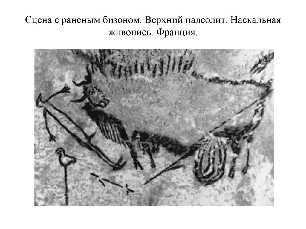 Сцена с раненым бизоном. Верхний палеолит. Наскальная живопись. Франция.