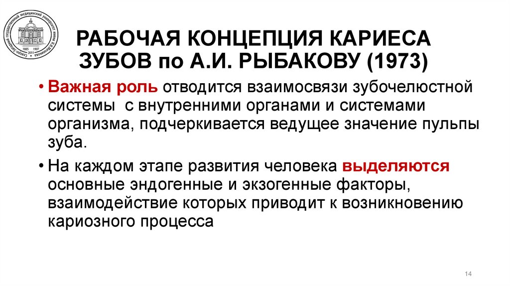 РАБОЧАЯ КОНЦЕПЦИЯ КАРИЕСА ЗУБОВ по А.И. РЫБАКОВУ (1973)