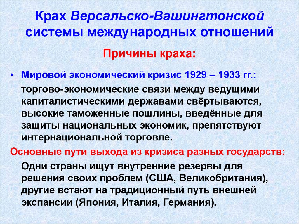 Крах Версальско-Вашингтонской системы международных отношений
