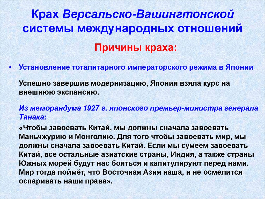 Крах Версальско-Вашингтонской системы международных отношений