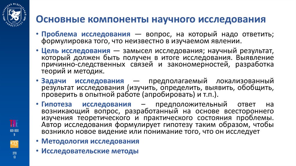 Основные компоненты научного исследования