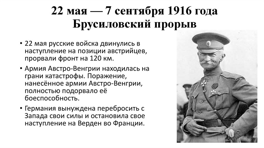 22 мая — 7 сентября 1916 года Брусиловский прорыв