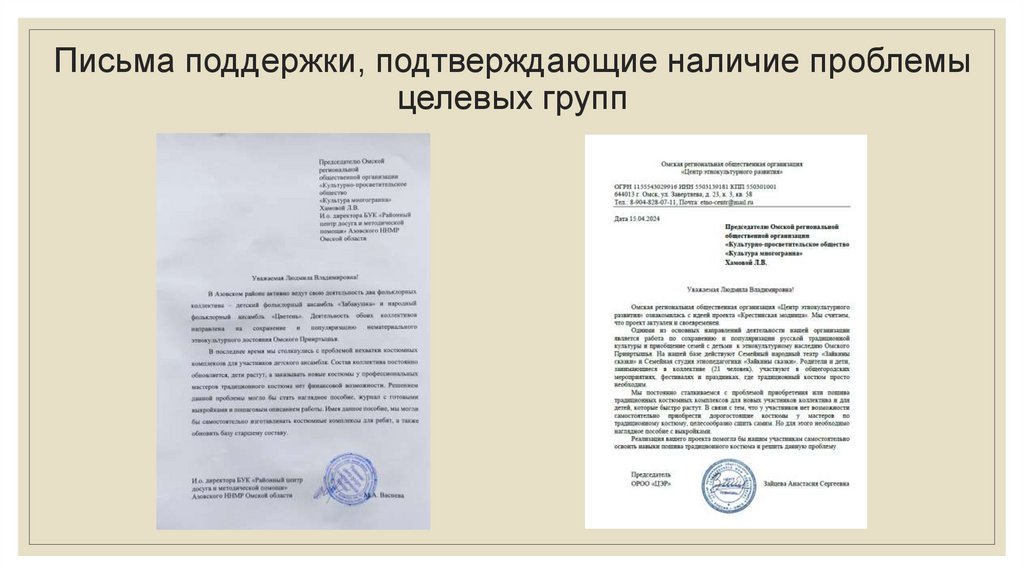 Письма поддержки, подтверждающие наличие проблемы целевых групп