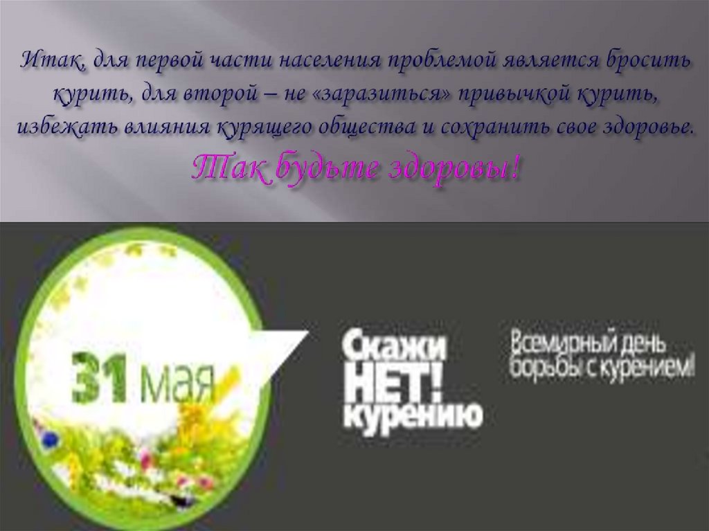 Итак, для первой части населения проблемой является бросить курить, для второй – не «заразиться» привычкой курить, избежать